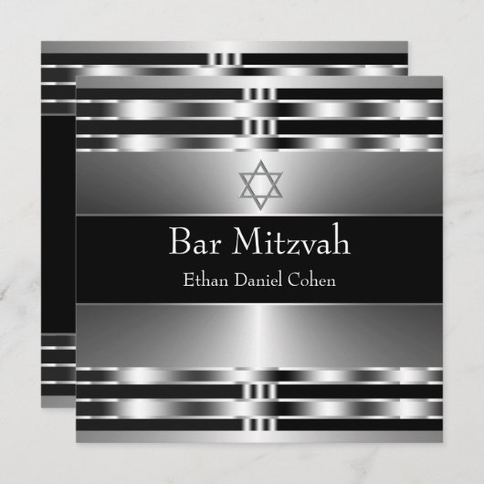 Black Silver Star von David Bar Mitzvah Einladung (Vorne/Hinten)