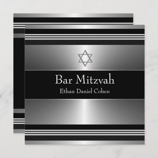 Black Silver Star von David Bar Mitzvah Einladung (Vorne/Hinten)