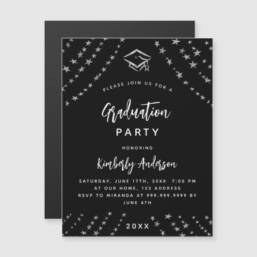 Black Silver Stars Graduierungsparty Luxus Magneteinladung (Vorne/Hinten)