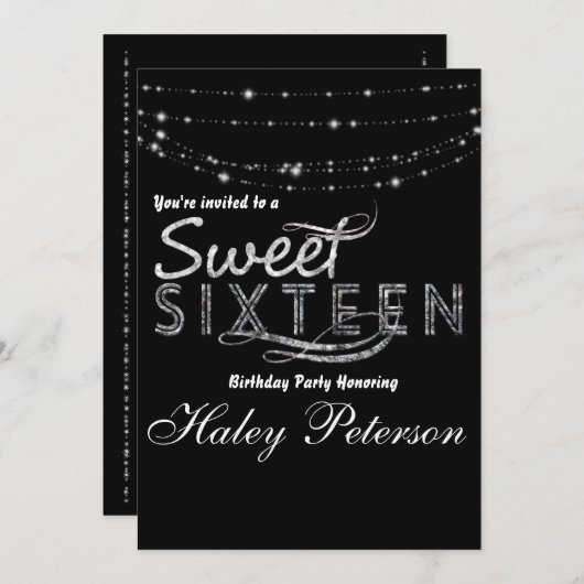 Black Silver Sweet 16 Glitzer Glam Party Einladung (Vorne/Hinten)