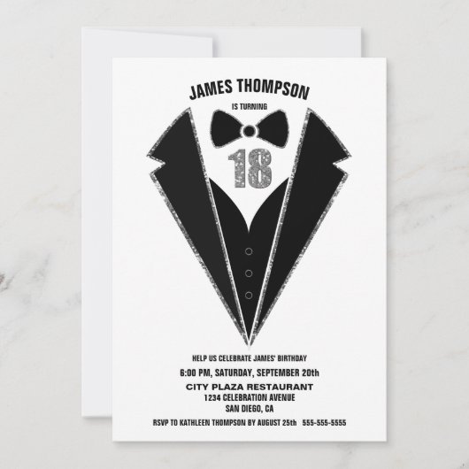 Black Silver Tuxedo 18. Geburtstagsparty Einladung (Vorderseite)