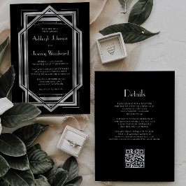 Black Silver Vintage 1920s Deco QR Code Wedding Einladung
