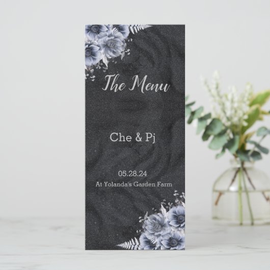 Black & Silver Wedding Menu Menükarte (Stehend Vorderseite)