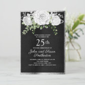 Black Silver White Floral 25. Hochzeitstag Einladung (Stehend Vorderseite)