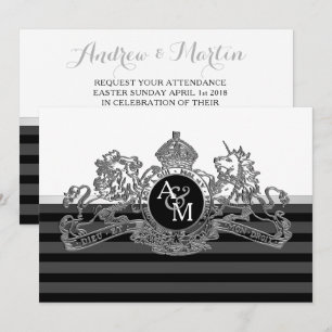 Black Silver White Lion Unicorn Emblem Wedding Einladung