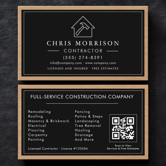 Black Silver Wood Construction Contractor QR Code Visitenkarte