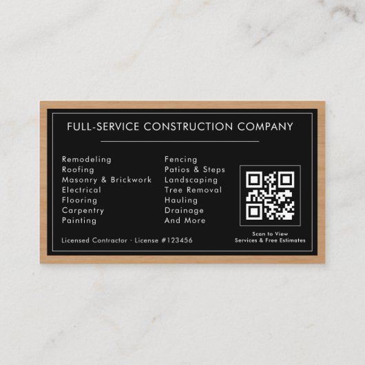 Black Silver Wood Construction Contractor QR Code Visitenkarte (Rückseite)