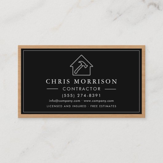 Black Silver Wood Construction Contractor QR Code Visitenkarte (Vorderseite)