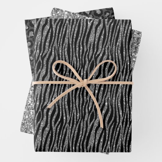 Black Silver Zebra Animal Print Glitzer Geschenkpapier Set (Beispiel)