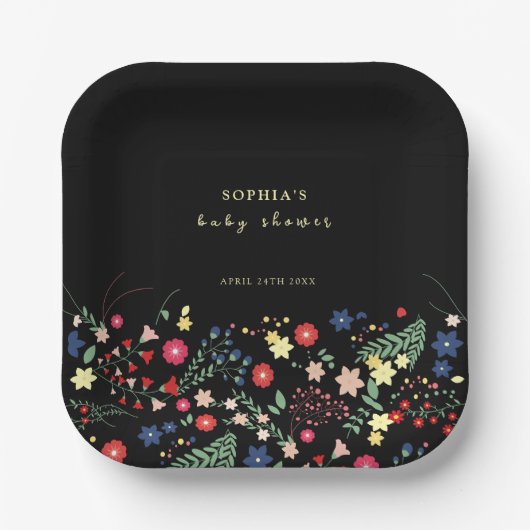 Black Simple Elegante Wildblume Baby Shower Pappteller (Vorderseite)
