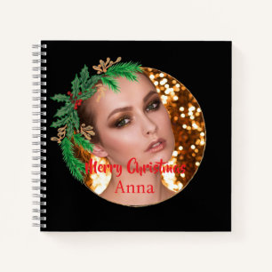Black Simple Gold Christmas Wreath Monogram Notizblock