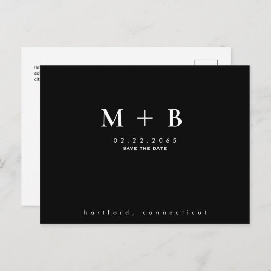 Black Simple Initials Wedding QR Save the Date Postkarte (Vorne/Hinten)