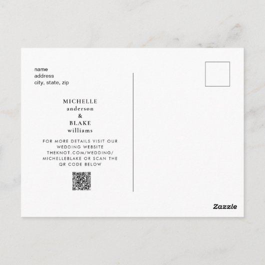 Black Simple Initials Wedding QR Save the Date Postkarte (Rückseite)