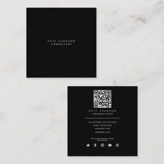 Black Simple Minimalistisch Consultant QR Code Quadratische Visitenkarte (Vorne/Hinten)