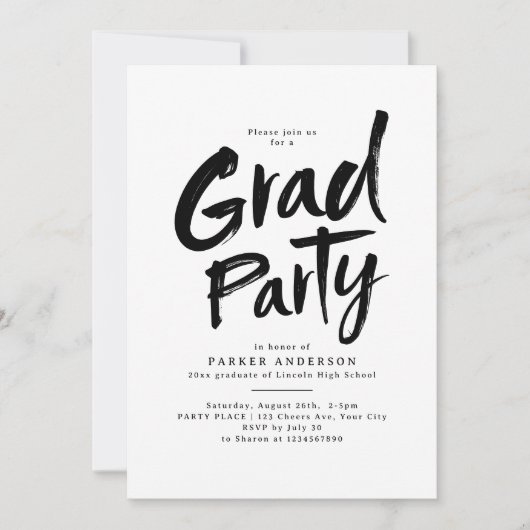 Black Simple Modern Brush Script Grad Party Einladung (Vorderseite)