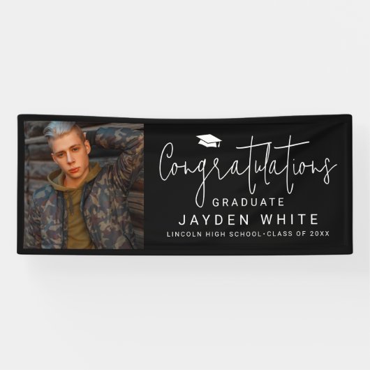 Black Simple Modern Script Foto Graduation Party Banner (Horizontal)
