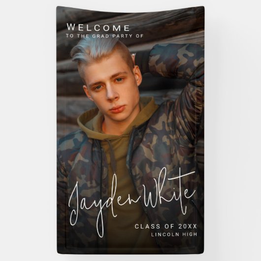 Black Simple Modern Script Foto Graduation Party Banner (Vertikal)