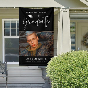 Black Simple Modern Script Foto Graduation Party Banner