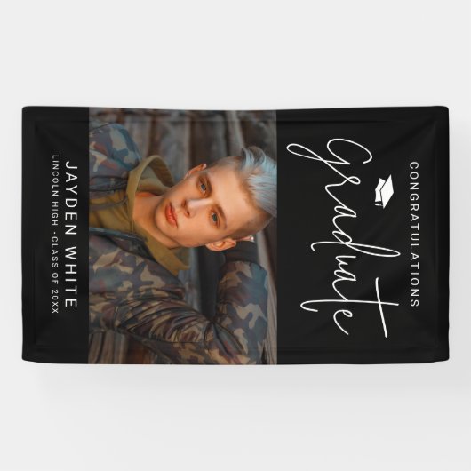 Black Simple Modern Script Foto Graduation Party Banner (Horizontal)