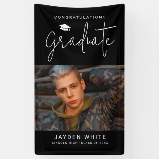 Black Simple Modern Script Foto Graduation Party Banner (Vertikal)