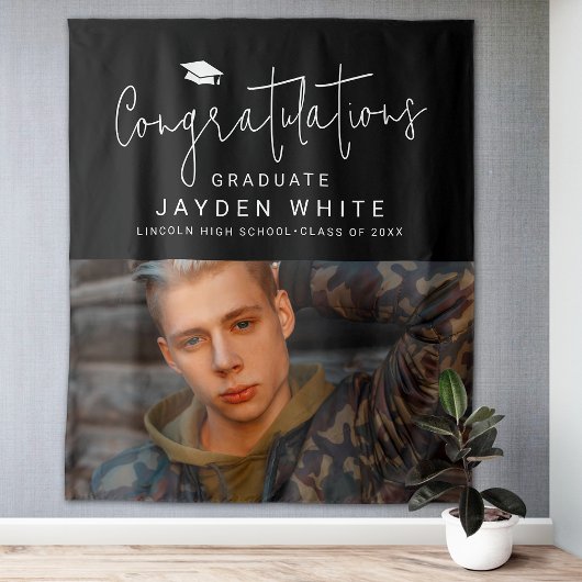 Black Simple Modern Script Foto Graduation Party Wandteppich