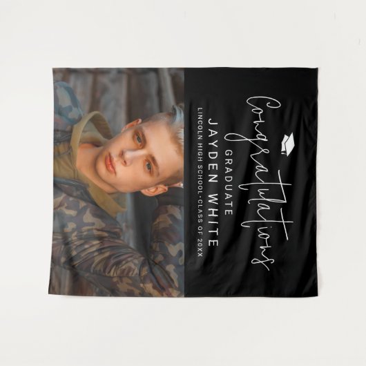 Black Simple Modern Script Foto Graduation Party Wandteppich (Vorderseite (Horizontal))