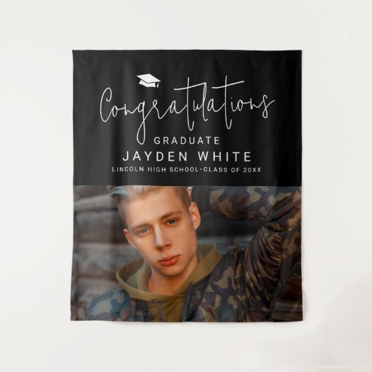 Black Simple Modern Script Foto Graduation Party Wandteppich (Vorderseite)