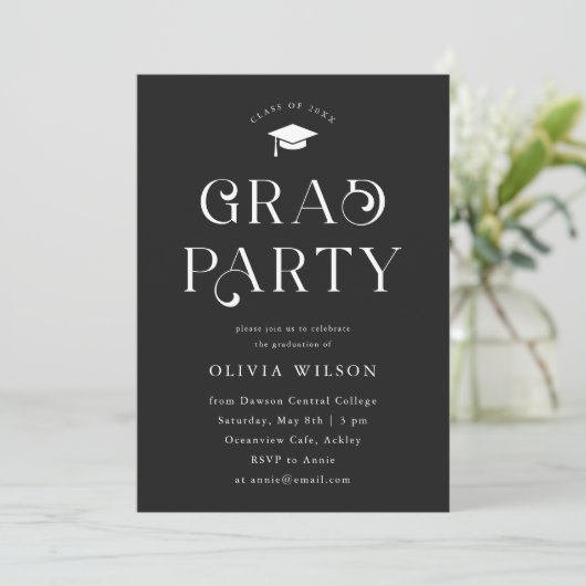 Black Simple Typografy Grad Party Einladung (Stehend Vorderseite)