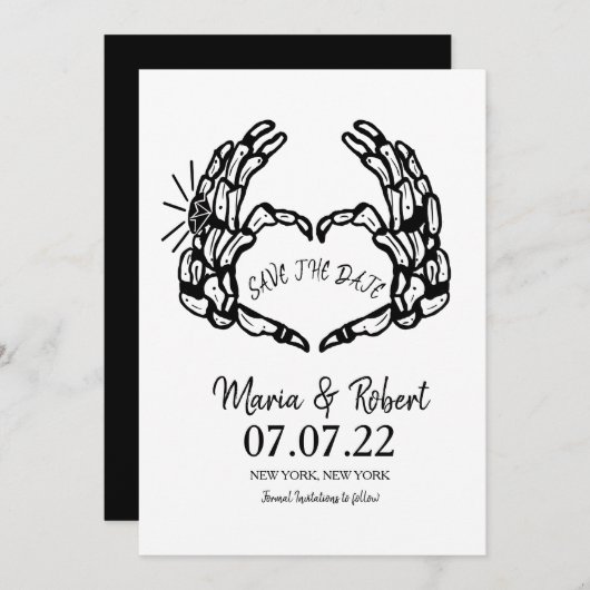 Black Skeleton Hand Heart Wedding Rings Doodle Einladung (Vorne/Hinten)