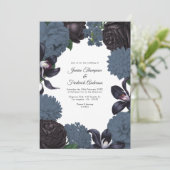 Black & Slate Photo/QR Code Floral Wedding Einladung (Stehend Vorderseite)