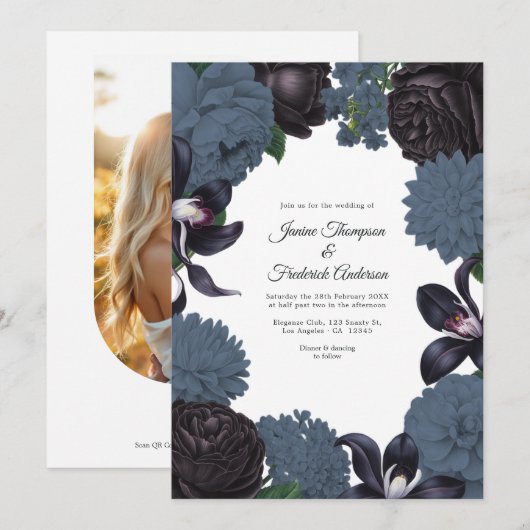Black & Slate Photo/QR Code Floral Wedding Einladung (Vorne/Hinten)