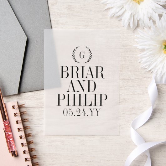 Black-Slender Laurel Wreath Monogram Wedding Pergament Einladungen (Hochzeit)