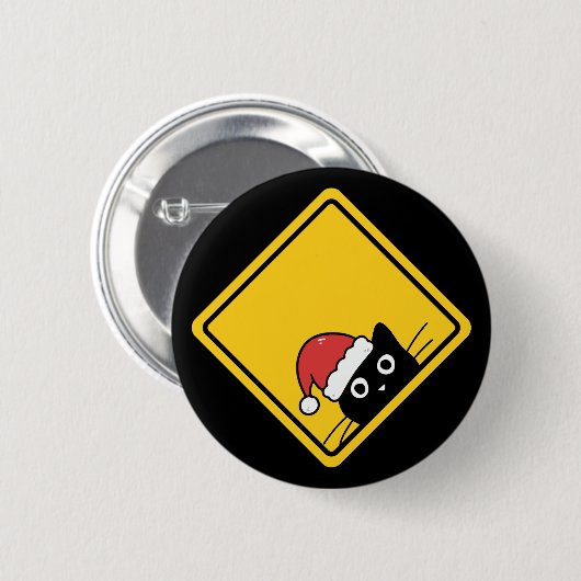 Black Sneaky Santa Cat U.S. Warning Sign Button (Vorne & Hinten)