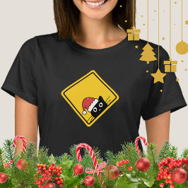 Black Sneaky Santa Cat U.S. Warning Sign T-Shirt