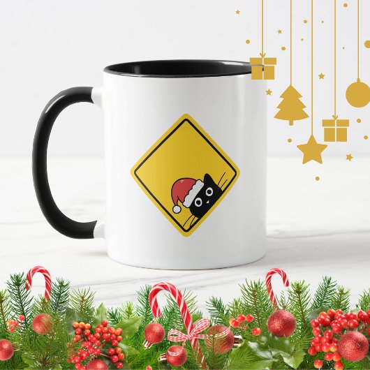 Black Sneaky Santa Cat U.S. Warning Sign Tasse