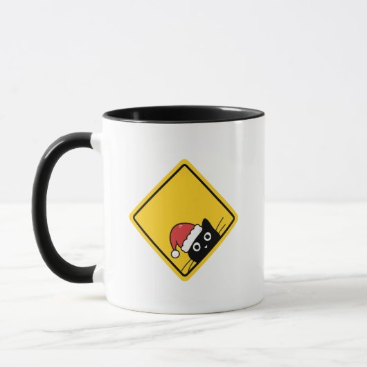 Black Sneaky Santa Cat U.S. Warning Sign Tasse (Links)