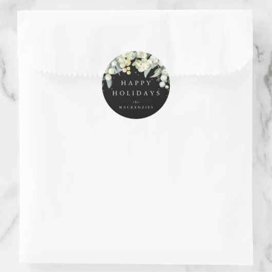 Black Snowberry+Eucalyptus Custom Message Holiday Runder Aufkleber (Tasche)