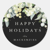 Black Snowberry+Eucalyptus Custom Message Holiday Runder Aufkleber (Vorderseite)