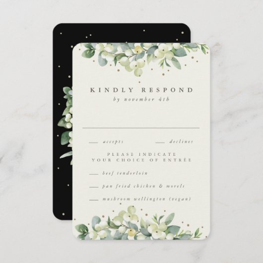 Black Snowberry+Eucalyptus Ewedding RSVP Karte (Vorne/Hinten)