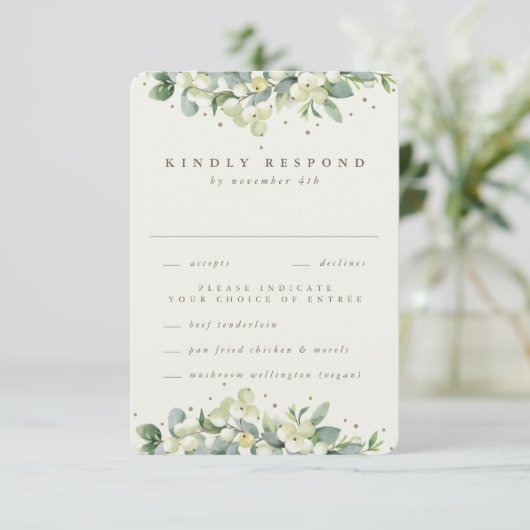 Black Snowberry+Eucalyptus Ewedding RSVP Karte (Stehend Vorderseite)
