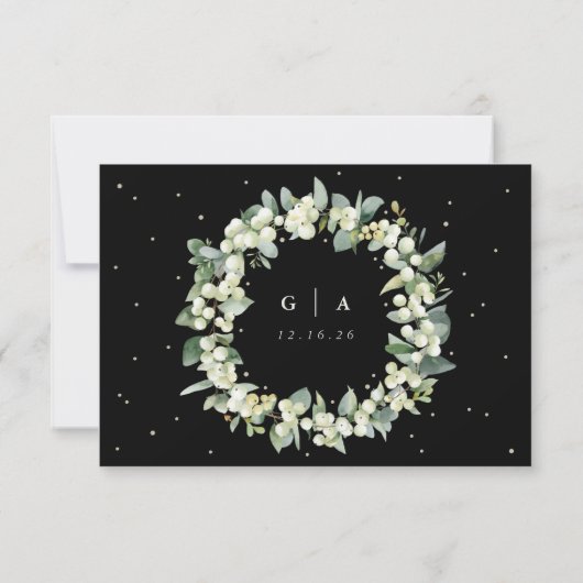 Black Snowberry+Eucalyptus Garland Wedding RSVP Karte (Rückseite)