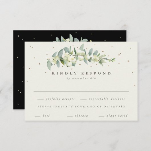 Black Snowberry+Eucalyptus Stem Wedding RSVP Karte (Vorne/Hinten)