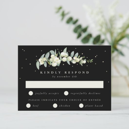 Black Snowberry+Eucalyptus Stem Wedding RSVP Karte (Stehend Vorderseite)