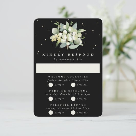 Black Snowberry+Eucalyptus Wedding Multi-Event RSVP Karte (Stehend Vorderseite)