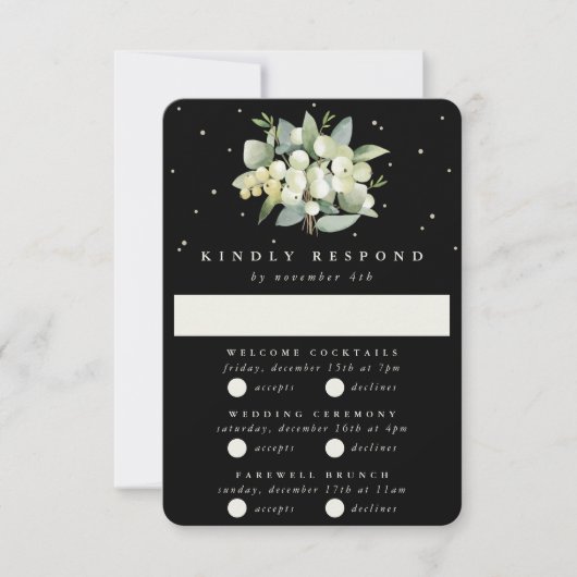 Black Snowberry+Eucalyptus Wedding Multi-Event RSVP Karte (Vorderseite)