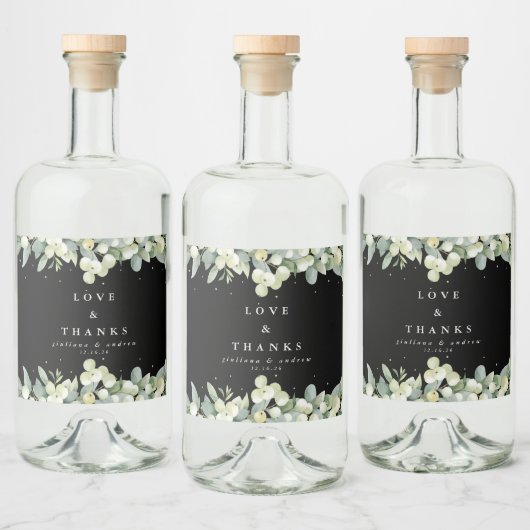 Black Snowberry+Eucalyptus Winter Wedding Alkoholflaschenetikett (Flaschen)