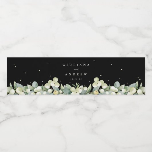Black Snowberry+Eucalyptus Winter Wedding Wasserflaschenetikett (Einzelnes Label)