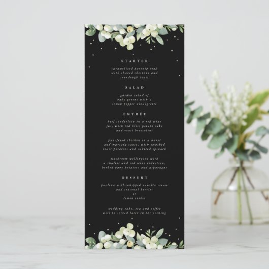 Black Snowberry+Eukalyptus 4 Course Hochzeitswohnu Menükarte (Stehend Vorderseite)