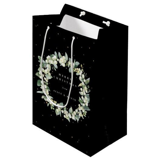 Black Snowberry+Eukalyptus Christmas/Holiday Mittlere Geschenktüte (Vorderseite Schrägansicht)