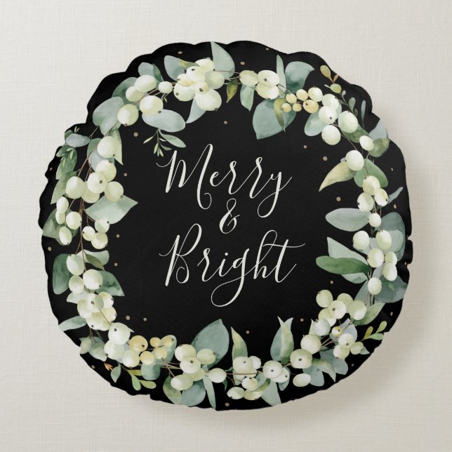 Black Snowberry + Eukalyptus Weihnachtsbrand Rundes Kissen (Vorderseite)